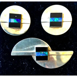 Vintage Great Falls Metal Works Opal Onyx Sterling Modernist Brooch Earrings EUC